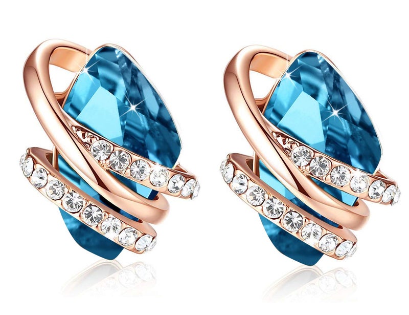 Leafael Wish Stone Stud Earrings Zircon Blue Birthstone Crystal for December, 18K Rose Gold Plated - Image 1